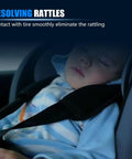 Sleeping child in a car seat with text "Resolving Rattles: Contact with tire smoothly eliminate the rattling" overlay.