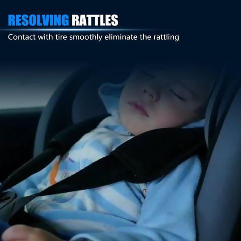 Sleeping child in a car seat with text "Resolving Rattles: Contact with tire smoothly eliminate the rattling" overlay.