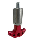 Heavy Duty Spring Loaded Pull Pin With Three Eighth Inch Stems And Slick Red Anodized Aluminum Knobs Rapid Locking Steel Bodies side view showing red anodized knob and steel body.