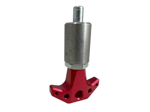 Heavy Duty Spring Loaded Pull Pin With Three Eighth Inch Stems And Slick Red Anodized Aluminum Knobs Rapid Locking Steel Bodies side view showing red anodized knob and steel body.