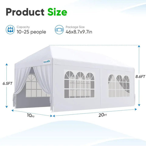 10x20 Outdoor Party Tent Gazebo With Removable Church Sidewalls For Weddings And BBQs, Easy Setup All Weather Shelter Pavilion