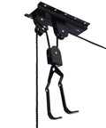 Heavy Duty Ceiling Bike Hoist For Garage With 100 Lb Capacity, Quick Mount Pulley Rack For Mountain Bikes, Strong Steel Frame With Nylon Coated Hooks To Protect Your Ride. ceiling-mounted steel bike hoist with rope and dual hooks
