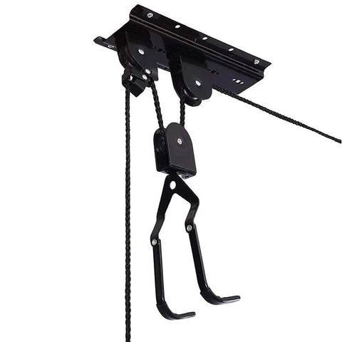 Heavy Duty Ceiling Bike Hoist For Garage With 100 Lb Capacity, Quick Mount Pulley Rack For Mountain Bikes, Strong Steel Frame With Nylon Coated Hooks To Protect Your Ride. ceiling-mounted steel bike hoist with rope and dual hooks