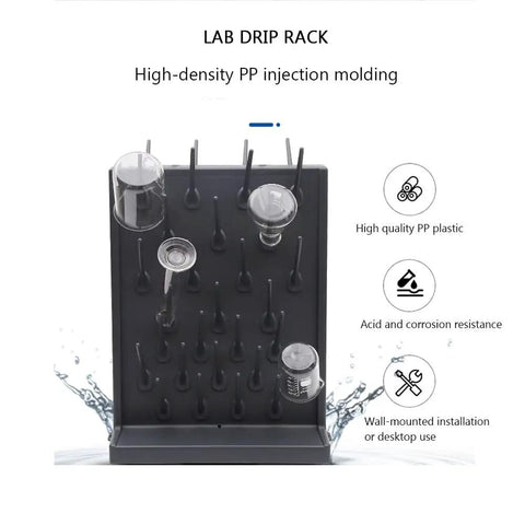 Wall Mount Lab Drying Rack Holds 27 Pegs For Test Tubes Glassware Beakers Polypropylene Construction Removable Tray Holes Heavy Duty Cleaning Equipment Black Finish Durable Design with glassware attached.