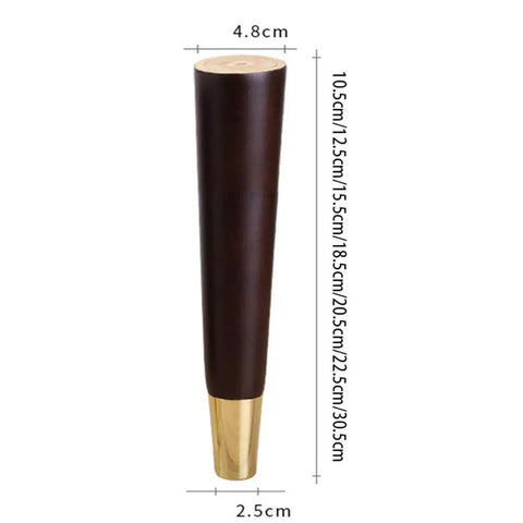 Premium Heavy Duty Rubber Wood Furniture Support Legs Set Of Four For Couches Tv Stands And Cabinets Feature Beefy Stability With No Sweat Mounting And Rock Solid Grip, showing brown wood leg with golden base.