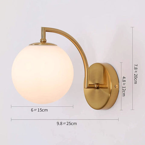 Mid Century Gold Wall Sconce Set Of Two With Milky Globe Shade Brass Finish Bedside Wall Lamps For Home Decor Modern Style Dope Lighting For Living Room Or Bedroom, dimensions shown