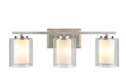 Three Light Bathroom Vanity Fixture In Satin Nickel With Clear Glass Outer Shade And White Glass Inner Shade, 23 Inch Wide Wall Mount