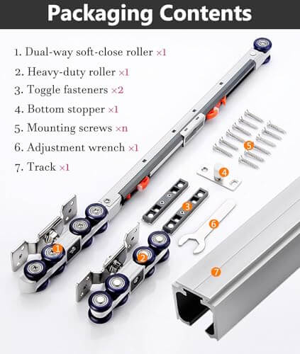 Soft Close Sliding Pocket Door Track Kit With Dual Soft Close Design, 11.2 Ft Barn Door Hardware components and tools