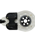 Universal Offset Router Base Plate For Precision Woodworking Clear Acrylic Foot With Reversible Edge Guide, top view with black attachment.