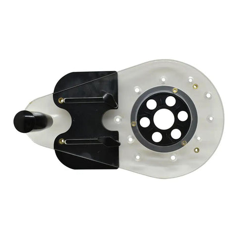 Universal Offset Router Base Plate For Precision Woodworking Clear Acrylic Foot With Reversible Edge Guide, top view with black attachment.