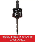 Heavy Duty Quick Hitch Hole Saw Arbor With 5/8-18 Screw Thread And 11/32 Inch Shank, featuring a carbide drill bit.