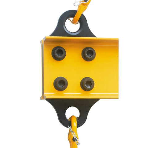 Close-up of Aluminum Lifting Spreader Beam 4400 LBS 2 Ton Capacity 6 Foot Length With 6 Foot Round Sling Bridle And G80 Hooks detailing connections