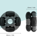 Front and side views of omni-directional robot wheel module with four rubber rollers on gray housing; 48mm diameter, 13mm bore.