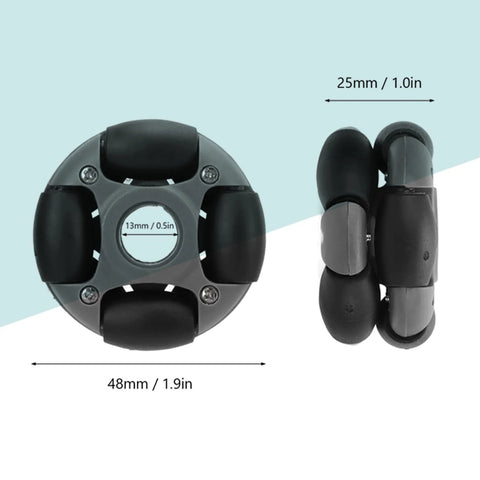 Front and side views of omni-directional robot wheel module with four rubber rollers on gray housing; 48mm diameter, 13mm bore.