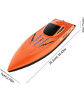Orange RC boat with dimensions 26.5cm x 7cm, labeled "Speed Boat" on top, sleek hull design