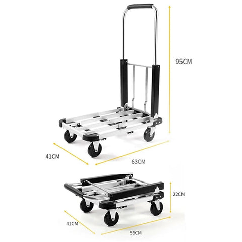 Heavy Duty Folding Hand Truck With Telescoping Lever And Hollow Platform Cart For Home And Work Multiuse Utility Wagon For home use, 95cm tall, silver metal frame with wheels