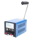 20W Manual Hand Crank Generator for Outdoor Use Portable USB Charging Power Supply, blue metal case, crank handle visible