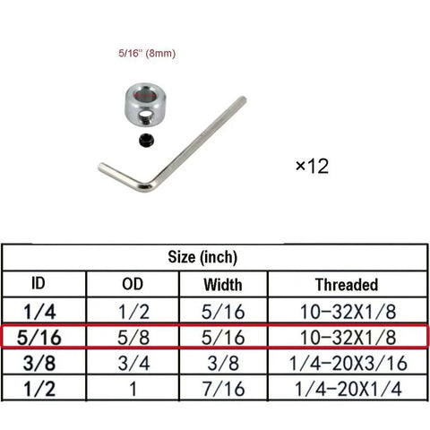 12 Pack 5/16 Bore Shaft Collars Zinc Plated Solid Carbon Steel Lock Collars With 5/8 Outer Diameter And 3/8 Width Includes 10-32 X 1/8 Set Screws Built To Last For Gearboxes Motors And Machinery shown with size chart and Allen wrench.