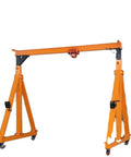 Portable 4 Wheel Mobile Gantry Overhead Crane With Heavy Duty Compact Frame Built For Tight Garages Smooth Riding Casters in orange color.