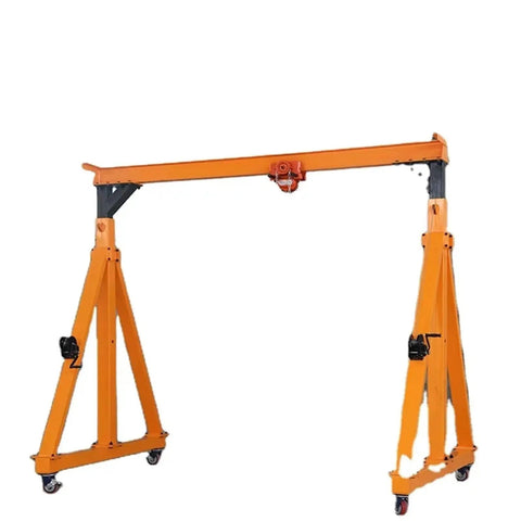 Portable 4 Wheel Mobile Gantry Overhead Crane With Heavy Duty Compact Frame Built For Tight Garages Smooth Riding Casters in orange color.