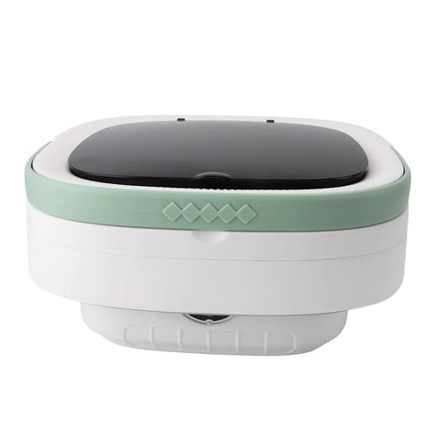 Super Portable 12L Mini Washing Machine And Foldable Spin Dryer, compact design with a green rim and black lid, perfect for travel.