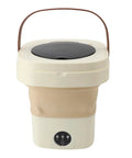 Ultra Compact Portable Washing Machine 8.5 Liter Foldable Mini Laundry Tub in khaki with a black lid and handle.