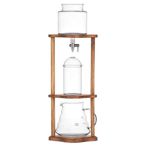 Top Shelf Cold Brew Coffee Maker With Clear Glass Carafe And Sturdy Wood Base Stainless Steel Drip Valve, showcasing glass components and wood base.