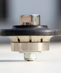 3/16 Inch Demi Bullnose Pro Grade Router Bit With Diamond Vacuum Brazed Wheel, close-up of 45 Degree Bevel Edge for granite