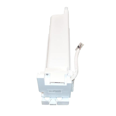 Side view of DA97-15217D Ice Maker Assembly Replacement for Refrigerator, Easy Install, showing its white plastic casing and connector cable.
