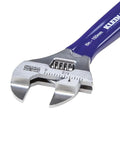 Close-up of 6 Inch Adjustable Wrench with Slimmer 40 Percent Jaws and a High Polish Chrome Finish, ASME Compliant Hand Tool.