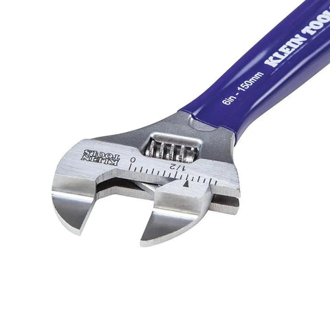 Close-up of 6 Inch Adjustable Wrench with Slimmer 40 Percent Jaws and a High Polish Chrome Finish, ASME Compliant Hand Tool.