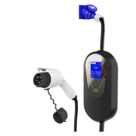 Portable Level 2 EV Charger 7KW With SAE J1772 Plug, 32A, CEE Connector, travel ready EVSE, black casing