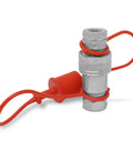 Front view of 1/2-inch Ag ISO 5675 hydraulic quick-connect tractor coupler, poppet pioneer style with red dust caps.
