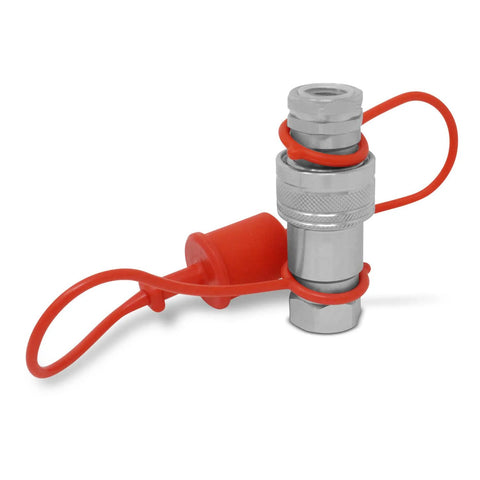 Front view of 1/2-inch Ag ISO 5675 hydraulic quick-connect tractor coupler, poppet pioneer style with red dust caps.