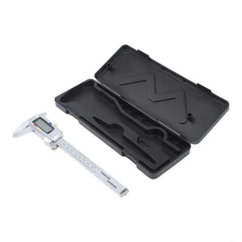 0-150mm Digital Caliper with Large LCD Display next to its black protective case, featuring a stainless steel measuring tool.
