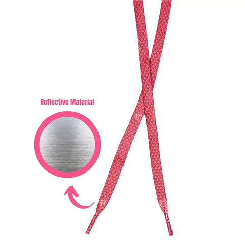 Reflective Pink Roller Skate Laces, 96 Inches Long with reflective material close-up, light reflective shoelaces for derby skates