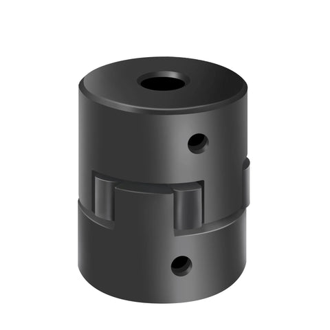 Front view of XIKE 1 in to 1 in L075 flexible 3-piece L-jaw coupling with rubber spider in dark gray metal.