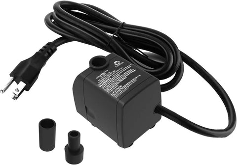 Ultra Quiet Submersible Water Pump With Dry Burn Protection 160 GPH placed on a white background with power cord and attachments