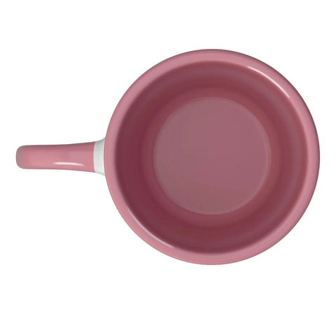 Top view of Hang Glider Whisperer Ceramic Mug With Bold Sky Art In Pink And White Coffee Cup For Hang Gliding Fans, Pilots, Instructors.