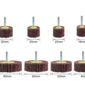10 Piece Abrasive Flap Wheel Sander Set with sizes from 3.2 inch to 0.64 inch, shown with aluminum oxide material for drills and grinders.
