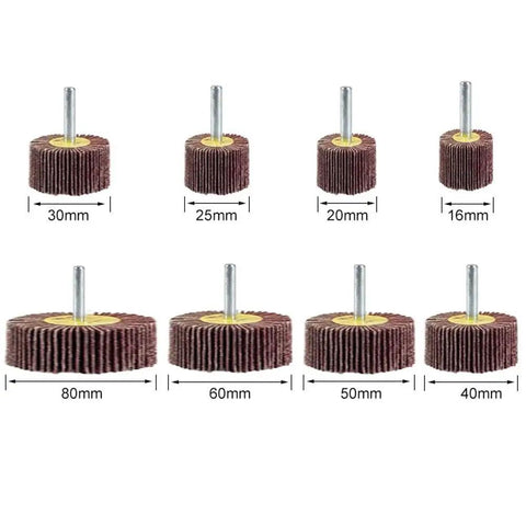 10 Piece Abrasive Flap Wheel Sander Set with sizes from 3.2 inch to 0.64 inch, shown with aluminum oxide material for drills and grinders.