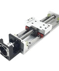Slick Dual Rail Linear Guide Module With Enclosed Aluminum Sliding Table And Manual XYZ Axis Stage Running Super Smooth On 900Mm Travel SFU1605 Ball Screw showing detail of rail and screw.