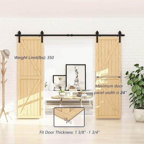 Heavy Duty 12 Foot Sliding Barn Door Hardware Kit For Double Doors With Ultra Quiet Smooth Operation And Easy Install Track System Featuring Basic I Pulley Carbon Steel Frosted Black Finish No Door Included installed in living room