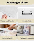 Features of Sleek Clear Plastic Storage Bins With Secure Lids 90 Quarts 8 Pack including handles, latches, and visibility.