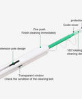 Fiber optic cleaning pen with blue and white body, extension pole design, one-click cleaning, and transparent window.