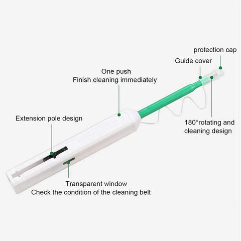Fiber optic cleaning pen with blue and white body, extension pole design, one-click cleaning, and transparent window.