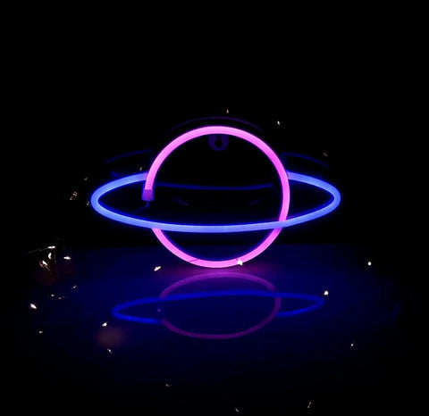 Three Piece Neon Cloud Lightning Planet Signs Kit For Bedroom Wall Decor, LED Neon Lights in blue and pink planet shape