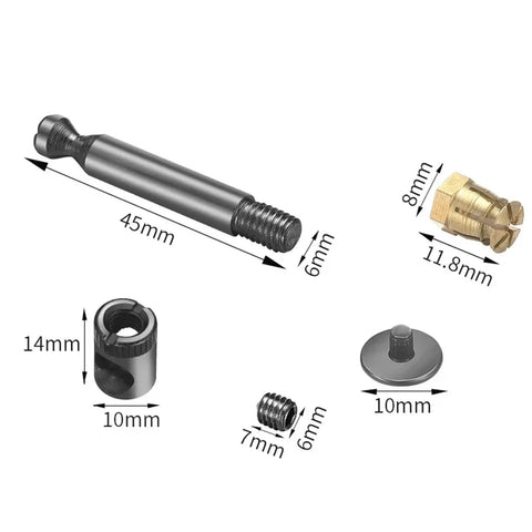 No Fuss Heavy Duty Cam Lock Fitting Kit 20 Piece Set Gray thickened connectors showing various sizes and materials for wardrobe assembly.