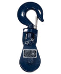 Heavy Duty Snatch Block With Hook, 3 Ton Working Load Limit, Three Inch Sheave, Three Eighths Inch Wire Rope, Wrecker Roll Back Recovery Gear, Steel Construction, Blue Powder Coat Finish