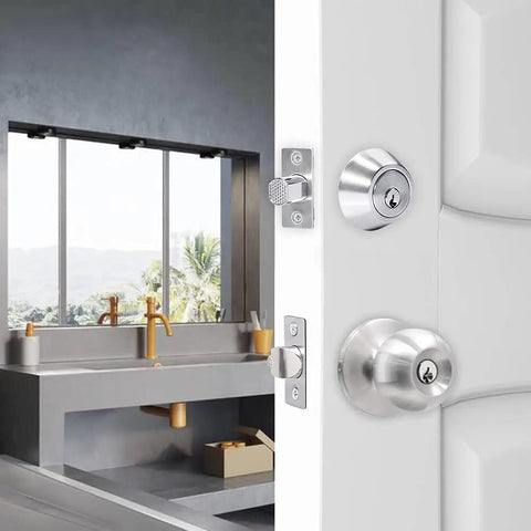 Double Keyed Deadbolt Lock With Keyed On Both Sides And Two Way Adjustable Cylinder For Privacy Or Passage, Satin Stainless Steel Finish, Solid Copper Core, Built Tough Heavy Duty Steel Latch For Maximum Security installed on a white door.
